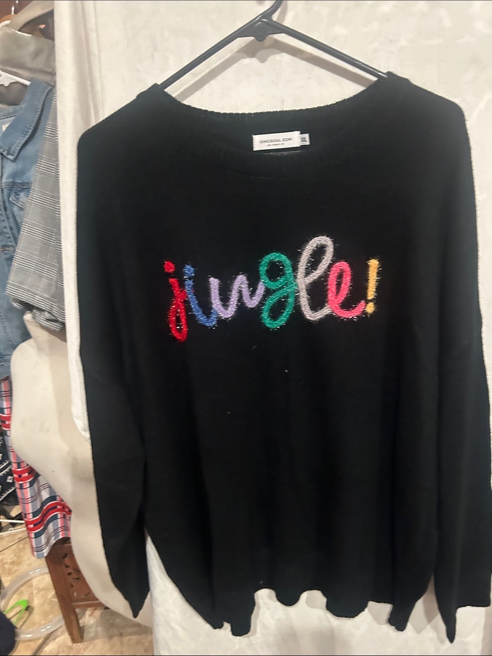 Chic Soul Black Sweater with Multicolor 'jingle!' Embroidery